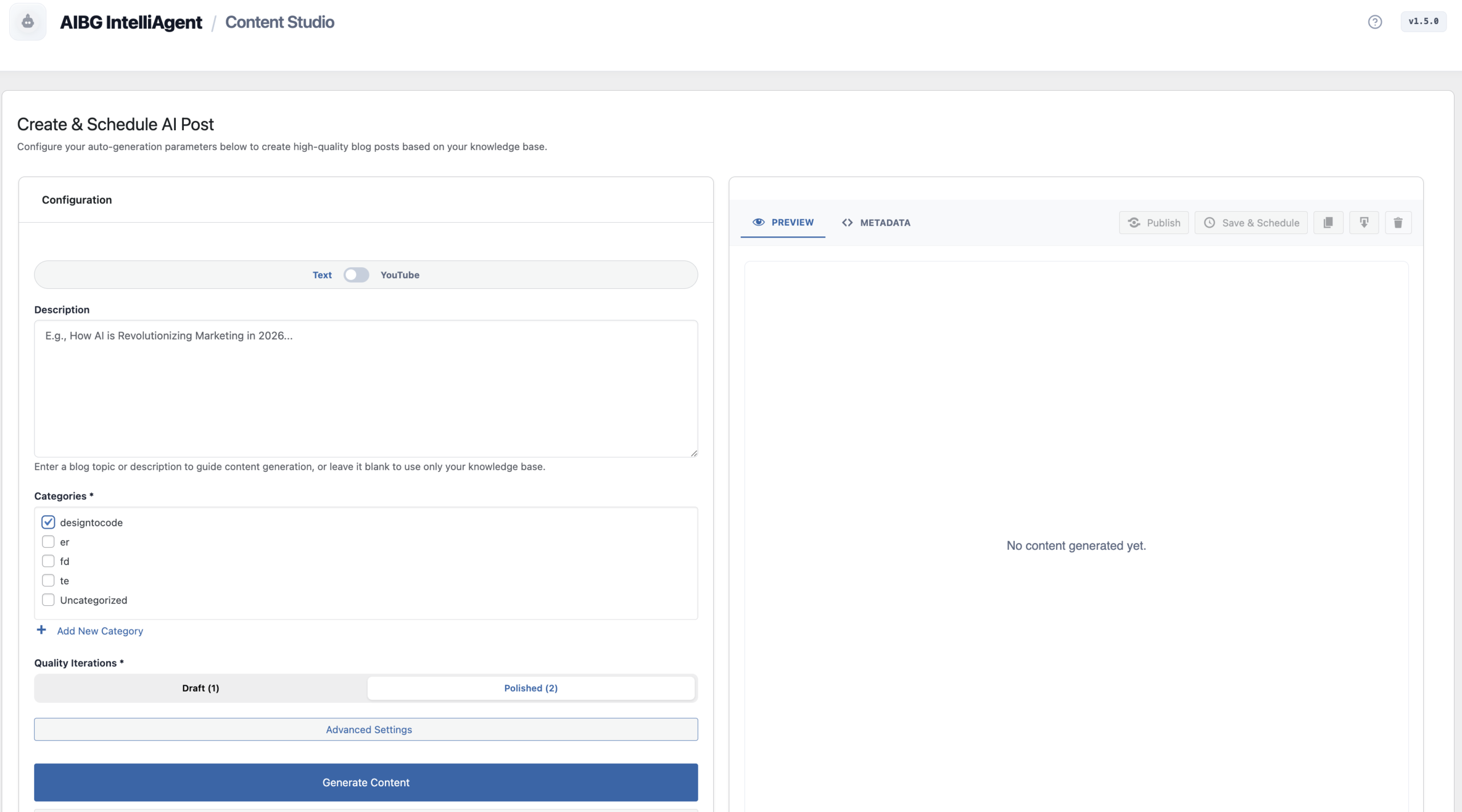 Generating content from Text or YouTube sources in the Content Studio.