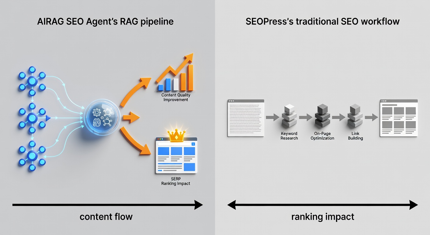 A clean comparison diagram showing AIRAG SEO Agent's RAG pipeline on the left versus SEOPress's traditional SEO workflow on the right, with arrows indicating content flow and ranking impact.