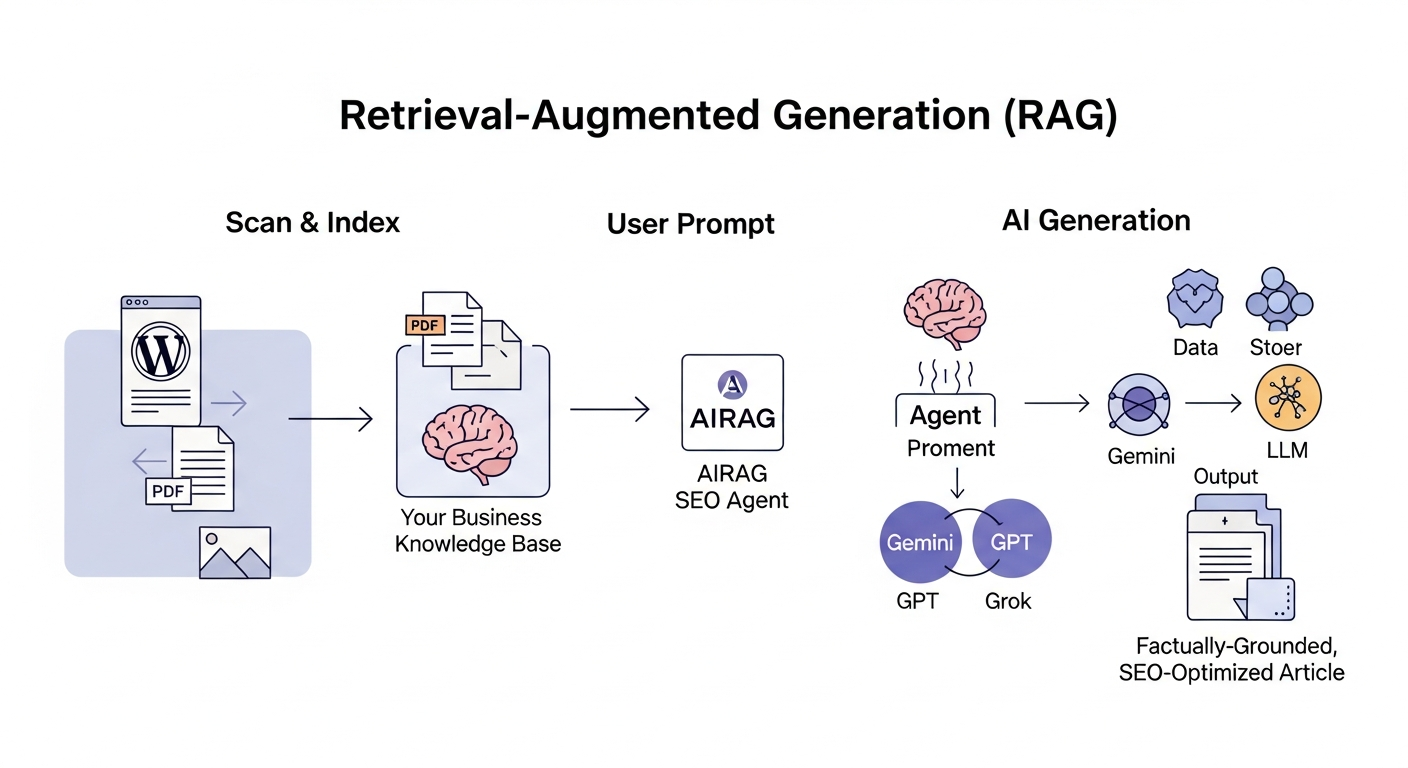 A clean, modern diagram illustrating the Retrieval-Augmented Generation (RAG) process. It should show three main steps: 1. 'Scan & Index' with icons for a WordPress page, a PDF document, and an image, pointing to a central 'Your Business Knowledge Base' brain icon. 2. 'User Prompt' pointing to the AIRAG SEO Agent. 3. 'AI Generation' where the Agent pulls data from the Knowledge Base to 'Augment' the prompt before sending it to an LLM (represented by icons for Gemini, GPT, Grok), resulting in a 'Factually-Grounded, SEO-Optimized Article'.