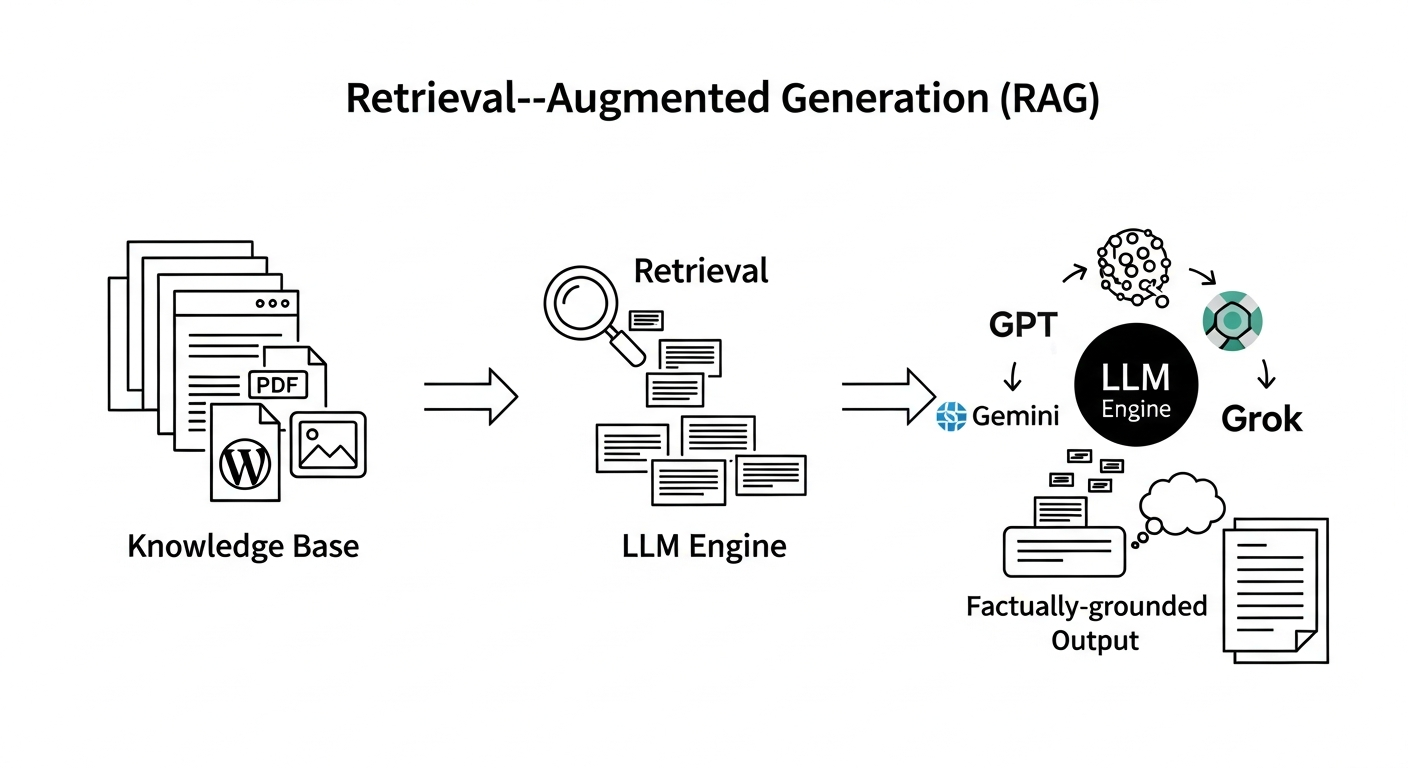 A clear diagram illustrating the Retrieval-Augmented Generation (RAG) process. The diagram should show three main stages: 1. A 'Knowledge Base' icon (representing a WordPress site with pages, PDFs, images). 2. An arrow leading to a 'Retrieval' stage, where relevant text snippets are extracted. 3. An arrow leading to the 'LLM Engine' (with logos for GPT, Gemini, Grok), where the retrieved snippets are combined with the user prompt to generate the final, factually-grounded article.