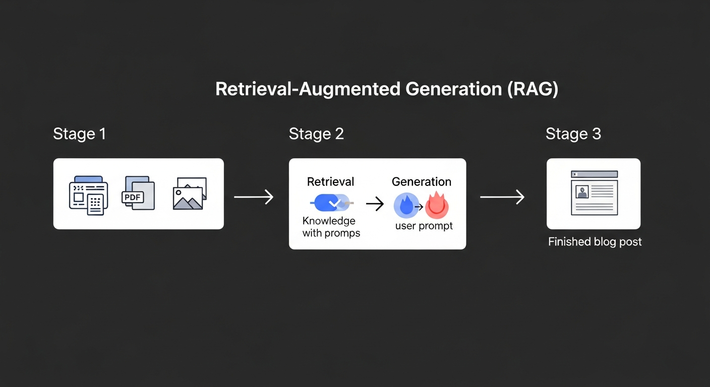 A clear diagram illustrating the Retrieval-Augmented Generation (RAG) process. The diagram shows three stages from left to right. Stage 1 is labeled 'Your Knowledge Base' and has icons for Website Pages, PDFs, and Images. An arrow points to Stage 2, labeled 'AIRAG SEO Agent Engine,' which shows 'Retrieval' and 'Generation' processes combining the knowledge with a user prompt. An arrow points from this to Stage 3, labeled 'Factually-Grounded SEO Content,' represented by a finished blog post icon.