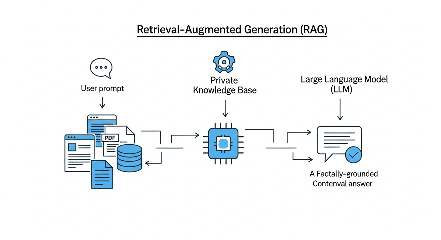 A clear diagram illustrating the Retrieval-Augmented Generation (RAG) process. The diagram shows three steps: 1. A user prompt enters the system. 2. The system scans a private knowledge base (icons for website pages, PDFs, databases) to find relevant information. 3. The retrieved information and the original prompt are fed into a Large Language Model (LLM) which then generates a factually-grounded, contextual answer.