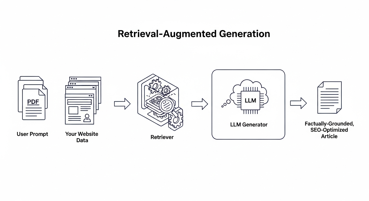 A clear diagram illustrating the Retrieval-Augmented Generation (RAG) workflow. On the left, show icons for 'User Prompt' and 'Your Website Data (PDFs, Pages)'. Arrows point to a central box labeled 'AIRAG SEO Agent'. Inside this box, a 'Retriever' module is shown finding relevant facts from the website data. An arrow leads to the 'LLM Generator (GPT/Gemini)' which combines the prompt and the retrieved facts to produce the final 'Factually-Grounded, SEO-Optimized Article' on the right.