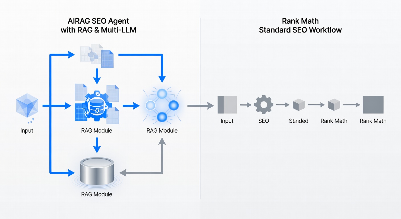 A clear side-by-side flowchart comparing the content creation process of AIRAG SEO Agent using RAG and multi-LLM models versus Rank Math's standard SEO optimization workflow.