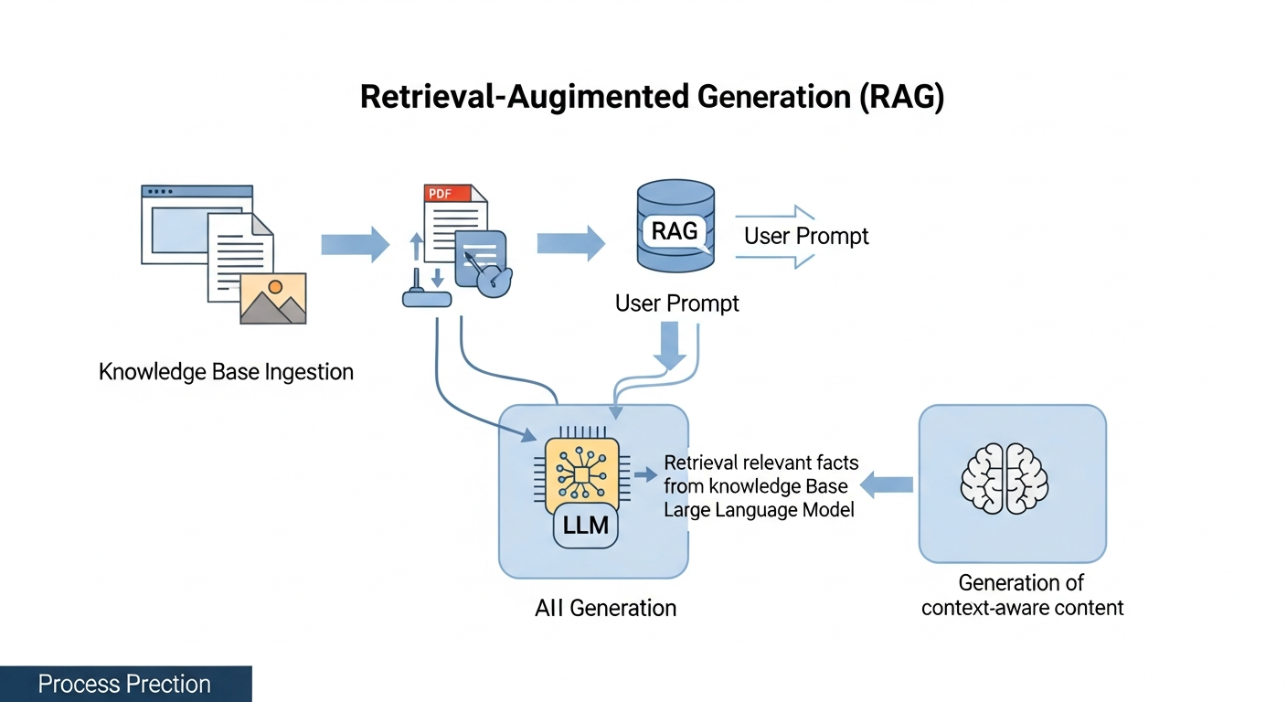 A diagram illustrating the Retrieval-Augmented Generation (RAG) process. It should show three stages: 1) 'Knowledge Base Ingestion' with icons for a website, PDF, and image feeding into a central database. 2) 'User Prompt' pointing to the RAG system. 3) 'AI Generation' where the system retrieves relevant facts from the knowledge base and combines them with an LLM (like Gemini or GPT) to produce factually-grounded, context-aware content.