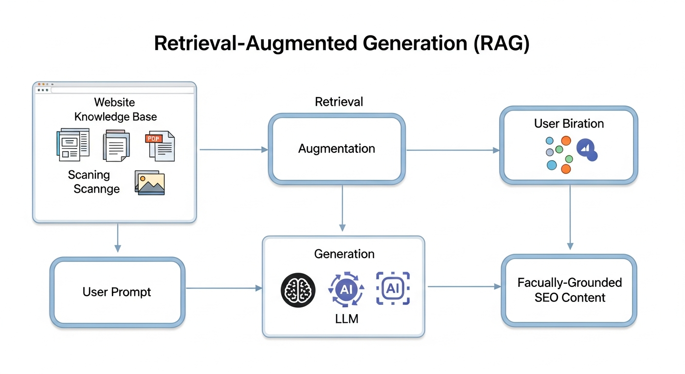 A flowchart diagram illustrating the Retrieval-Augmented Generation (RAG) process. The diagram starts with 'User Prompt', moves to 'Retrieval' which shows scanning of a 'Website Knowledge Base' (icons for pages, PDFs, images), then to 'Augmentation' where the prompt and retrieved data are combined, and finally to 'Generation' by an LLM (icons for Gemini, GPT, Grok) resulting in 'Factually-Grounded SEO Content'.