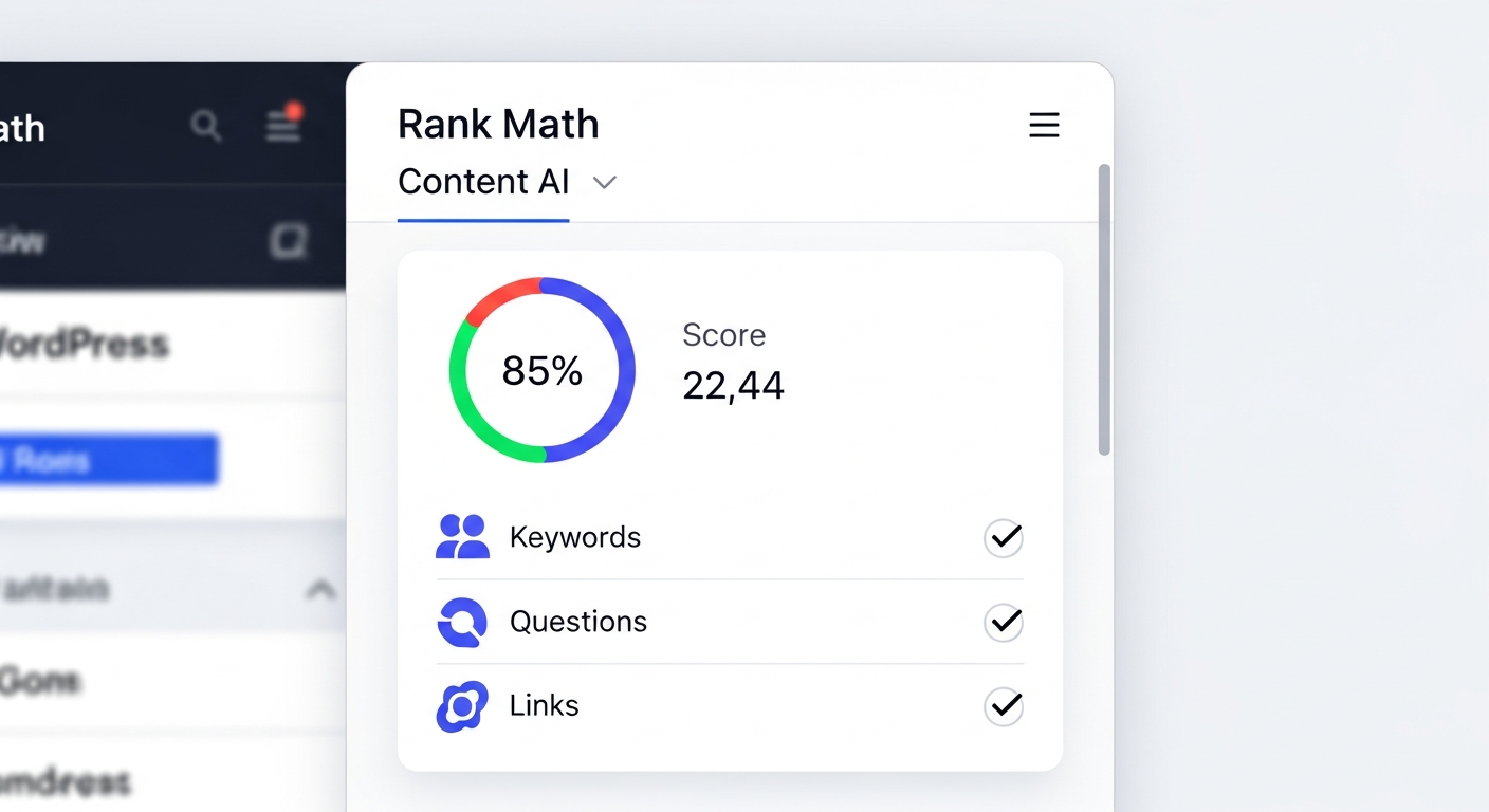 A screenshot of the Rank Math interface within the WordPress editor. The 'Content AI' tab is active, showing a score of 85/100, with checklist items for keywords, questions, and links visible.