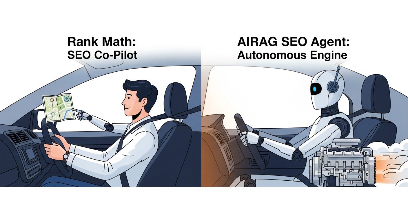 A split-screen diagram. On the left, titled "Rank Math: SEO Co-Pilot," show a human icon at a steering wheel with a robot icon in the passenger seat pointing at a map. On the right, titled "AIRAG SEO Agent: Autonomous Engine," show a robot icon at the steering wheel, with the engine block glowing, powering the entire vehicle forward automatically.