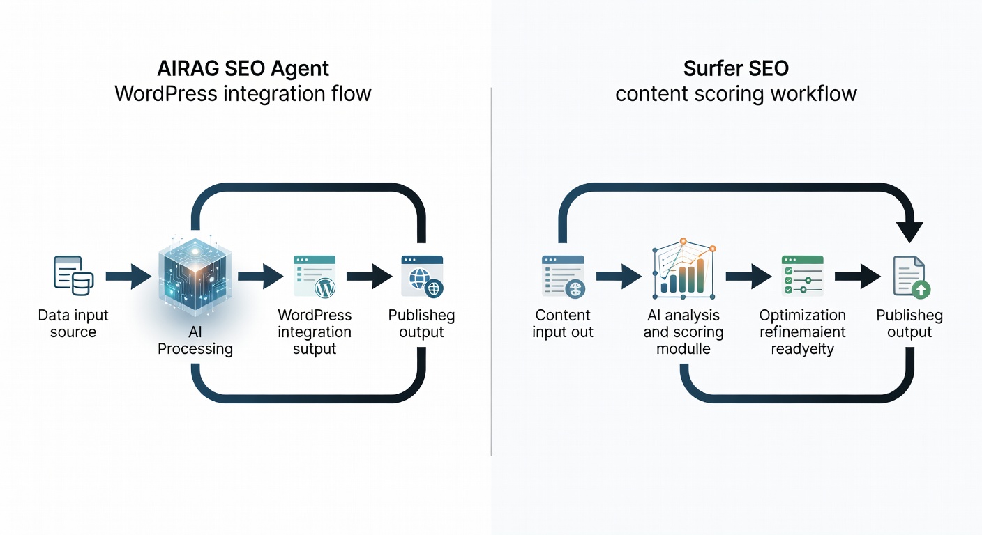 Clean side-by-side comparison diagram showing AIRAG SEO Agent WordPress integration flow on the left and Surfer SEO content scoring workflow on the right, with labeled arrows for data input, AI processing, and publishing output. Use neutral professional colors and clear icons for each step.