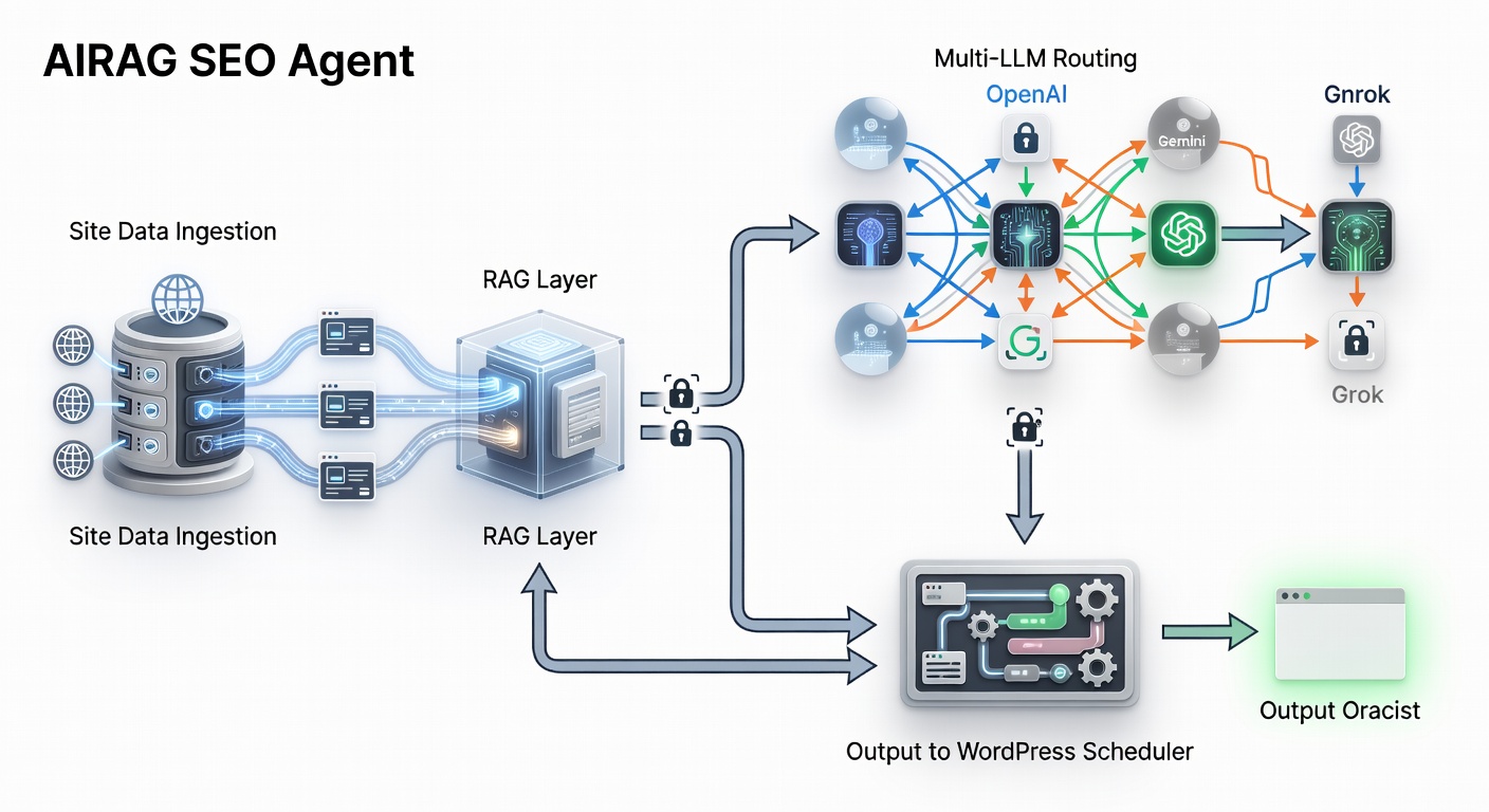 Clean technical diagram showing AIRAG SEO Agent workflow: site data ingestion through RAG layer, multi-LLM routing to OpenAI/Gemini/Grok, and output to WordPress scheduler with security checks.