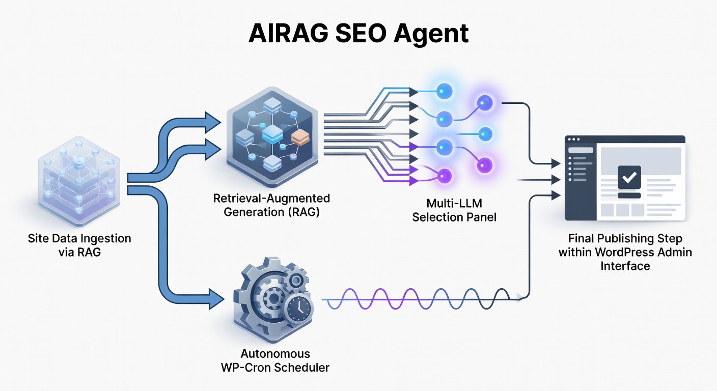 Clean technical diagram showing the AIRAG SEO Agent workflow: site data ingestion via RAG, multi-LLM selection panel, autonomous WP-Cron scheduler, and final publishing step within WordPress admin interface