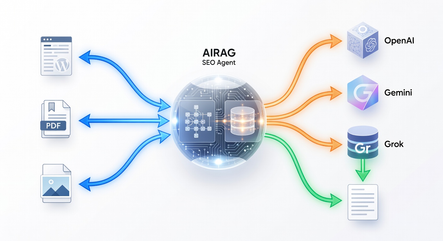 Detailed diagram showing how AIRAG SEO Agent retrieves content from WordPress pages, PDFs, and images, then uses RAG to feed selected context into multiple LLMs (OpenAI, Gemini, Grok) for generating SEO-optimized blog posts. Include arrows indicating data flow and model selection options.