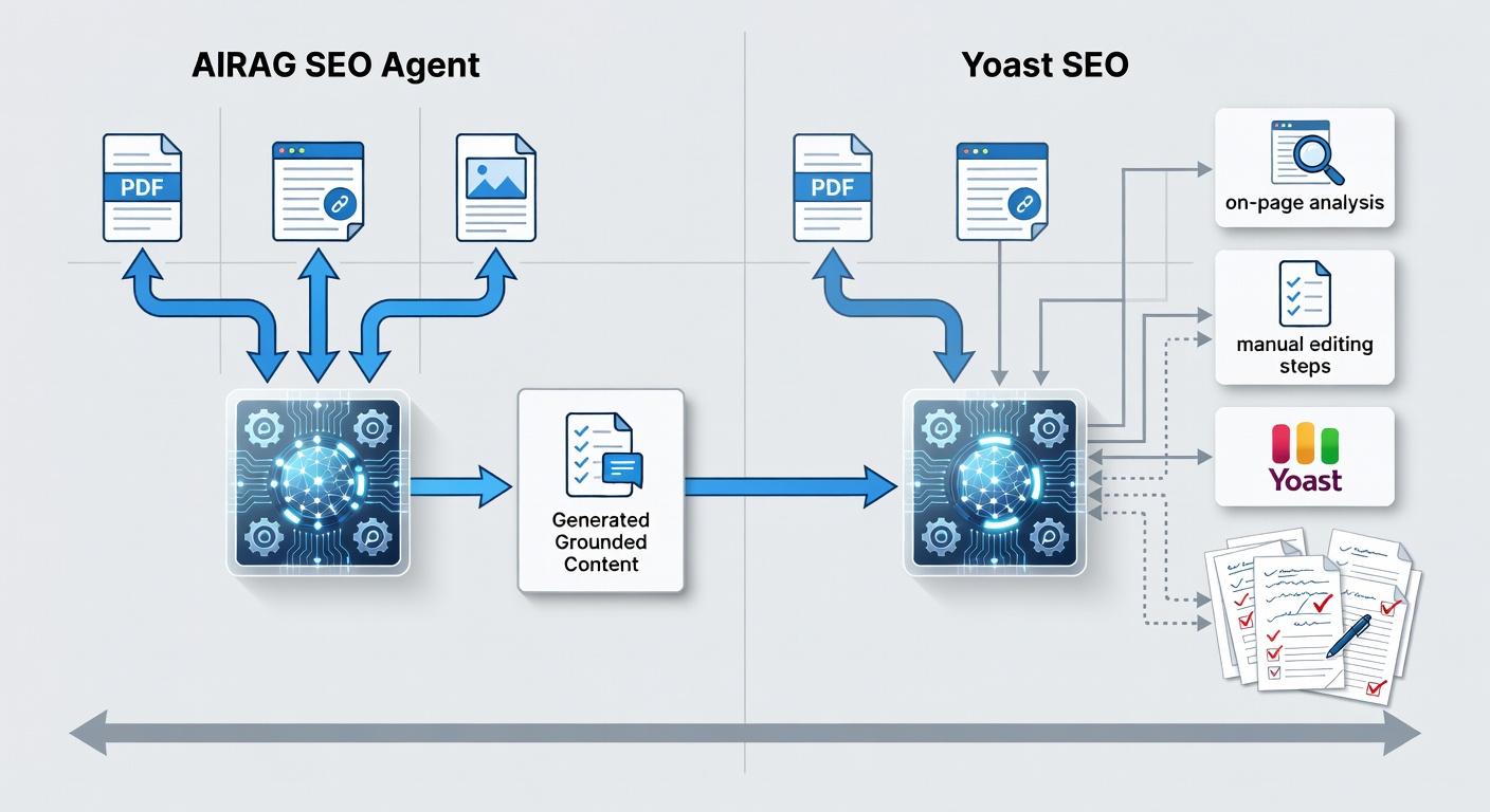 Detailed educational diagram showing the complete workflow of AIRAG SEO Agent retrieving data from PDFs, pages, and images then generating grounded content compared to Yoast SEO’s on-page analysis and manual editing flow in a clean flowchart style.