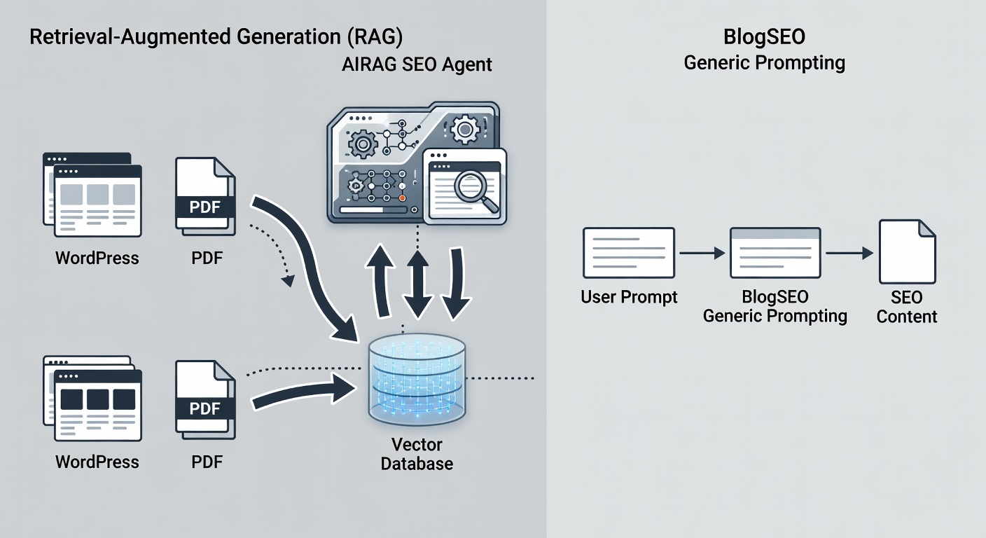 Educational diagram showing the RAG data flow from WordPress pages and PDFs into AIRAG SEO Agent compared to BlogSEO generic prompting workflow