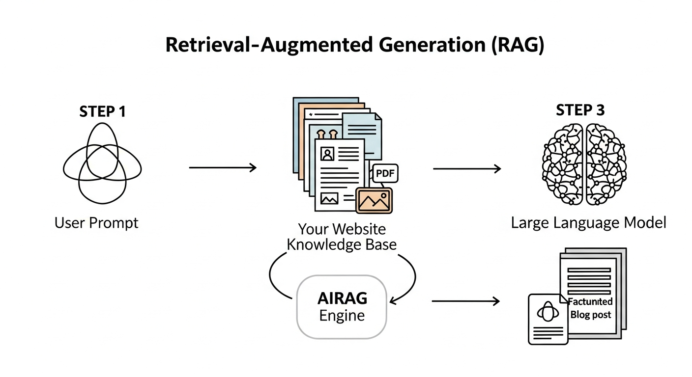 A clear diagram illustrating the Retrieval-Augmented Generation (RAG) process. The diagram shows three steps: 1. A user prompt enters the system. 2. The AIRAG engine scans a 'Your Website Knowledge Base' icon (depicting pages, PDFs, images). 3. The relevant information is retrieved and fed into a Large Language Model (LLM) icon, which then generates the final, factually-grounded blog post.