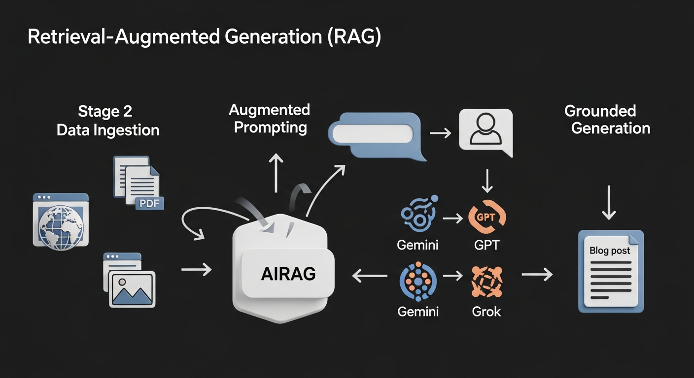 A clear diagram illustrating the Retrieval-Augmented Generation (RAG) process used by AIRAG SEO Agent. The diagram should show three stages: 1) 'Data Ingestion' with icons for a website, PDF, and image feeding into the AIRAG system. 2) 'Augmented Prompting' where a user prompt is combined with relevant data from the ingested content. 3) 'Grounded Generation' where the combined prompt is sent to an LLM (represented by icons for Gemini, GPT, Grok) to produce a factually accurate, on-brand blog post.