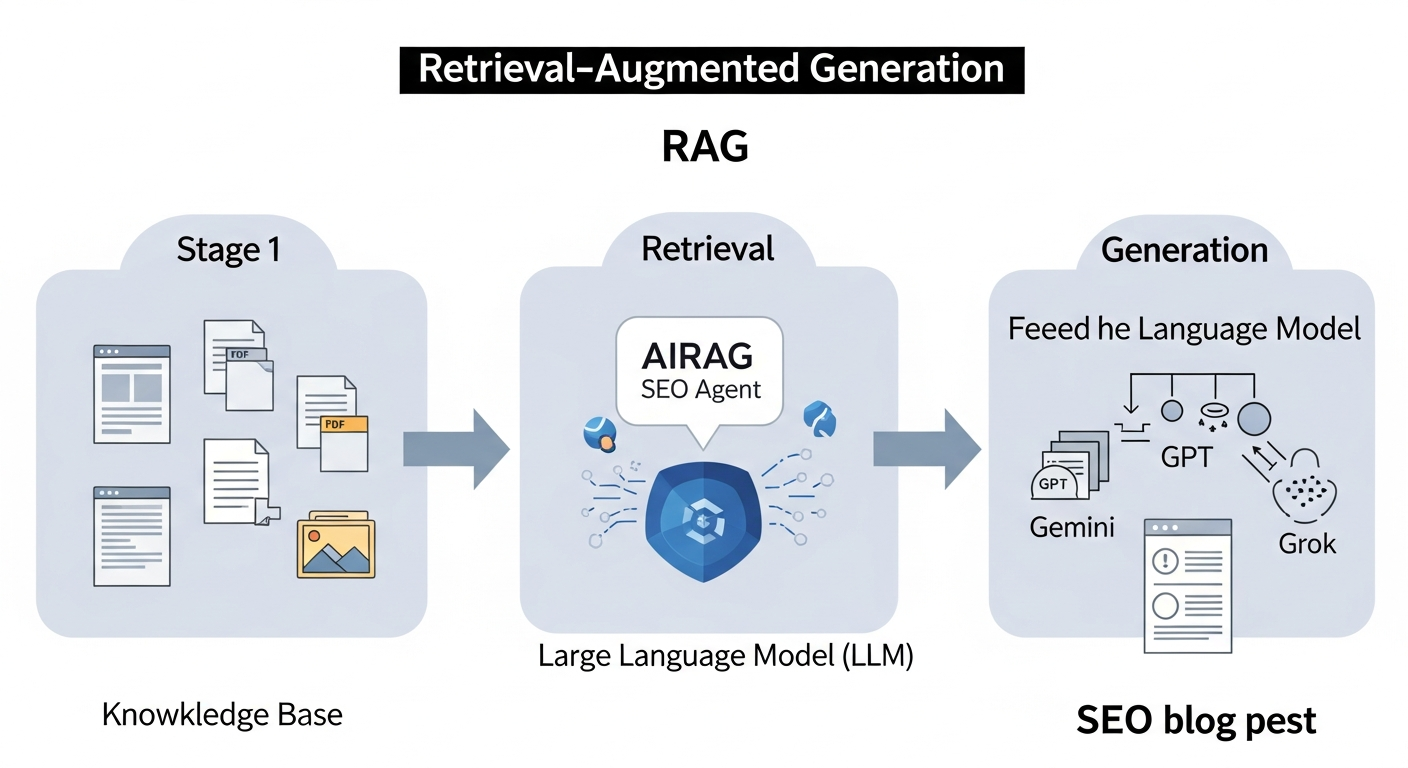 A diagram illustrating the Retrieval-Augmented Generation (RAG) process. The diagram shows three stages. Stage 1: 'Knowledge Base' with icons for website pages, PDFs, and images. Stage 2: 'Retrieval' where an arrow points from the Knowledge Base to the AIRAG SEO Agent system, which is analyzing the data. Stage 3: 'Generation' where the system feeds this retrieved, factual data into an LLM (represented by icons for Gemini, GPT, Grok) to produce a final, factually-grounded SEO blog post.