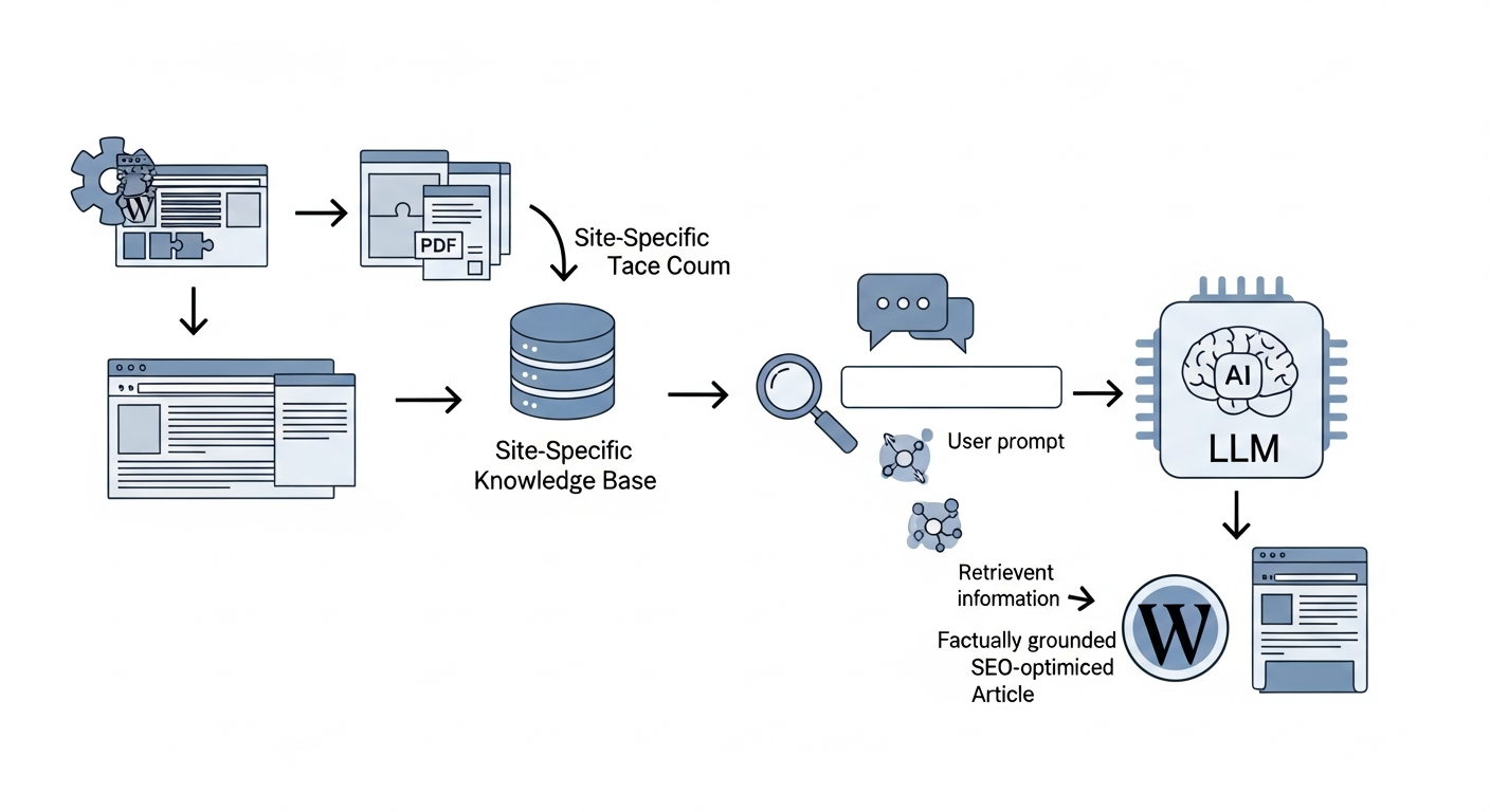 A flowchart diagram illustrating the Retrieval-Augmented Generation (RAG) process within WordPress. Step 1 shows the AIRAG SEO Agent plugin scanning website content (pages, PDFs). Step 2 shows this data being stored in a 'Site-Specific Knowledge Base'. Step 3 shows a user prompt ('Write a blog post about X'). Step 4 shows the RAG system retrieving relevant facts from the knowledge base. Step 5 shows the facts and the prompt being sent to an LLM (GPT, Gemini, or Grok). Step 6 shows the final, factually-grounded, SEO-optimized article being published on the WordPress site.