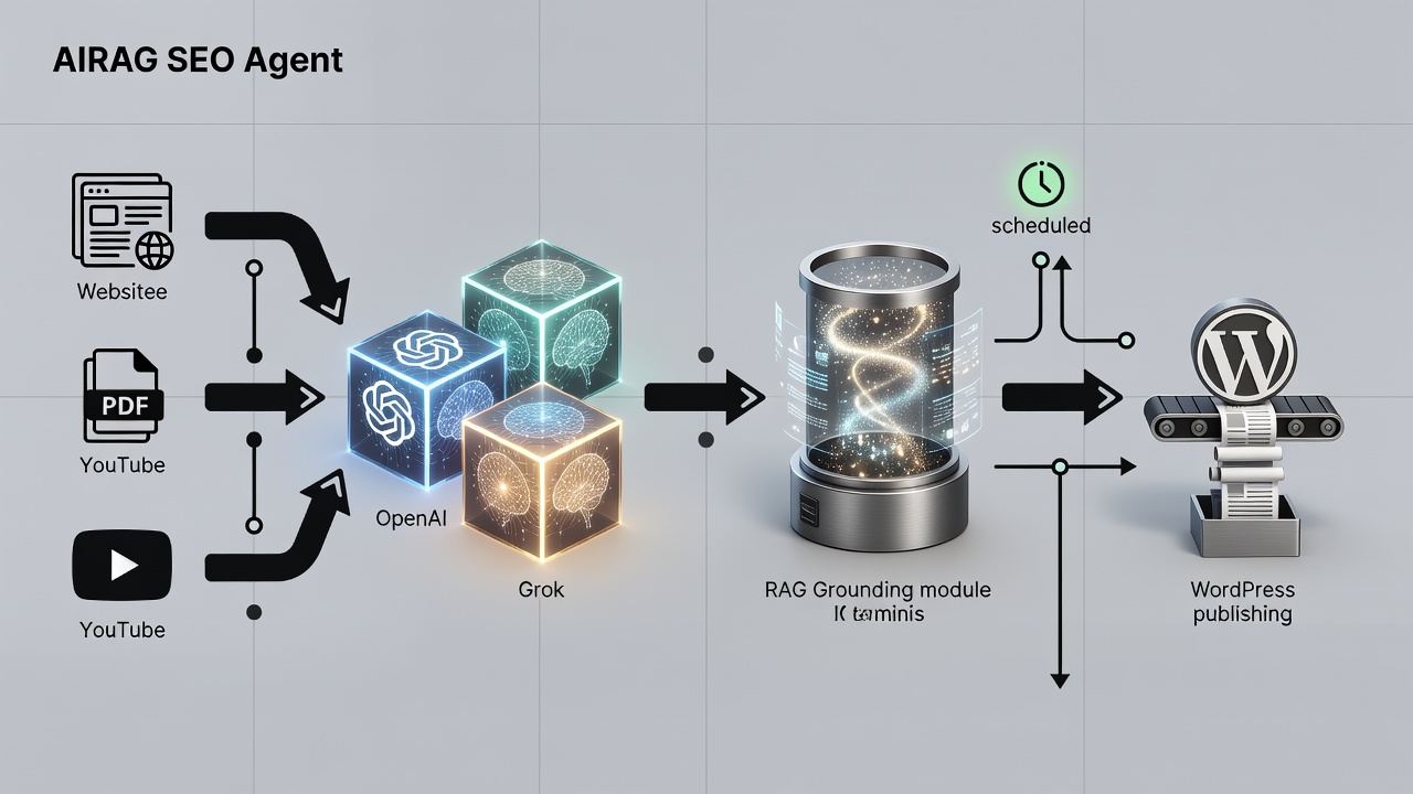 Clean technical diagram showing the AIRAG SEO Agent workflow: input sources (website pages, PDFs, YouTube) flowing into multi-model AI engines (OpenAI, Gemini, Grok) then through RAG grounding and into scheduled WordPress publishing output. Use labeled arrows and boxes for clarity.