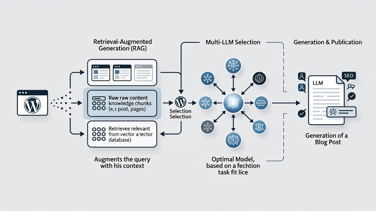 Clean technical diagram showing WordPress site data flowing into RAG pipeline then to multi-LLM selection and finally to published blog post with SEO elements highlighted