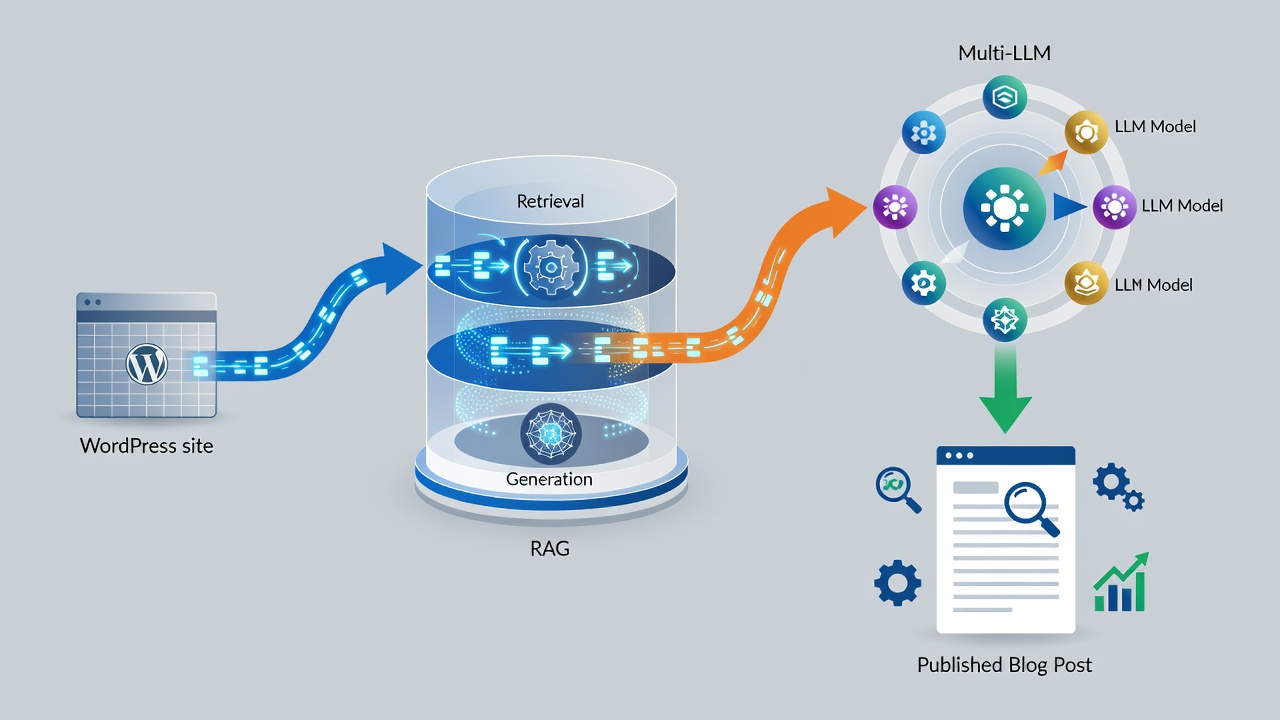 Clean technical diagram showing WordPress site data flowing into RAG pipeline then to multi-LLM selection and finally to published blog post with SEO elements highlighted