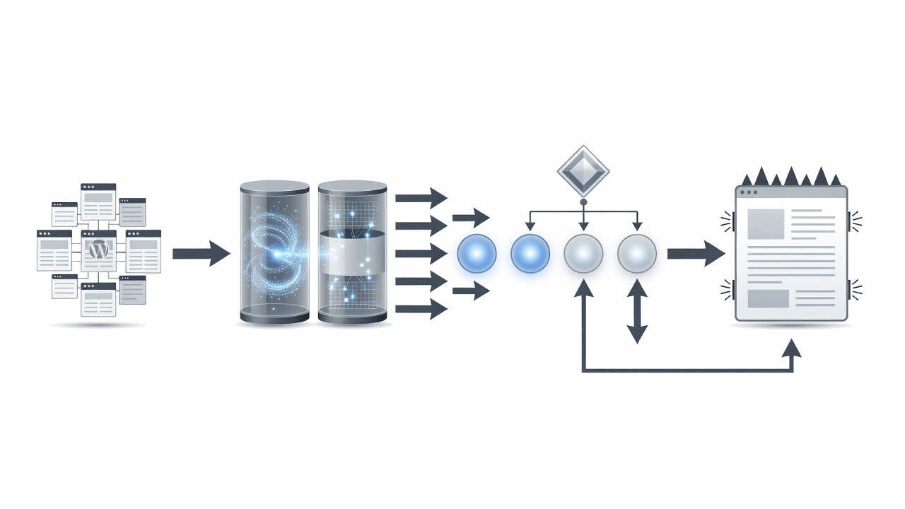 Clean technical diagram showing WordPress site data flowing into RAG pipeline then to multi-LLM selection and finally to published blog post with SEO elements highlighted