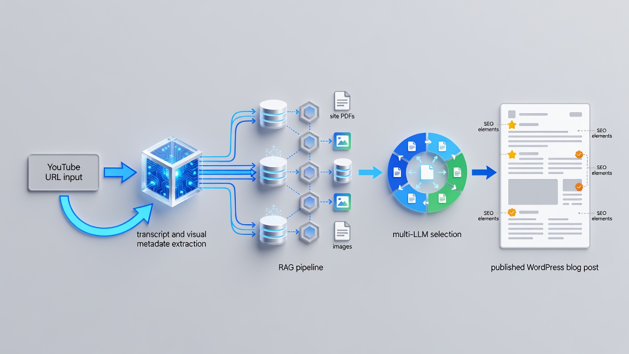Clean technical diagram showing YouTube URL input flowing into transcript and visual metadata extraction, then RAG pipeline with site PDFs and images, multi-LLM selection, and finally published WordPress blog post with SEO elements highlighted