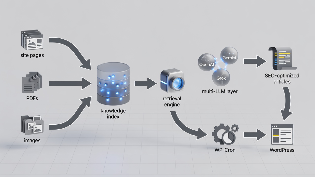 Detailed technical diagram showing the RAG grounded WordPress content generator setup workflow: site pages, PDFs and images flow into a knowledge index, retrieval engine selects passages using vector similarity, multi-LLM layer (OpenAI, Gemini, Grok) generates SEO-optimized articles, and WP-Cron publishes on schedule. All components labeled with arrows indicating data flow.
