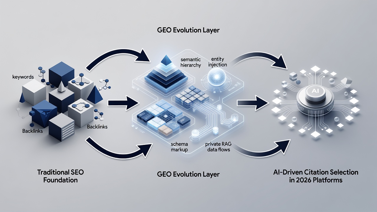 Educational diagram illustrating the progression from traditional SEO elements such as keywords and backlinks to GEO components including semantic hierarchy, entity injection, schema markup, and private RAG data flows, with labeled arrows showing how each element contributes to citation selection in 2026 AI search platforms.