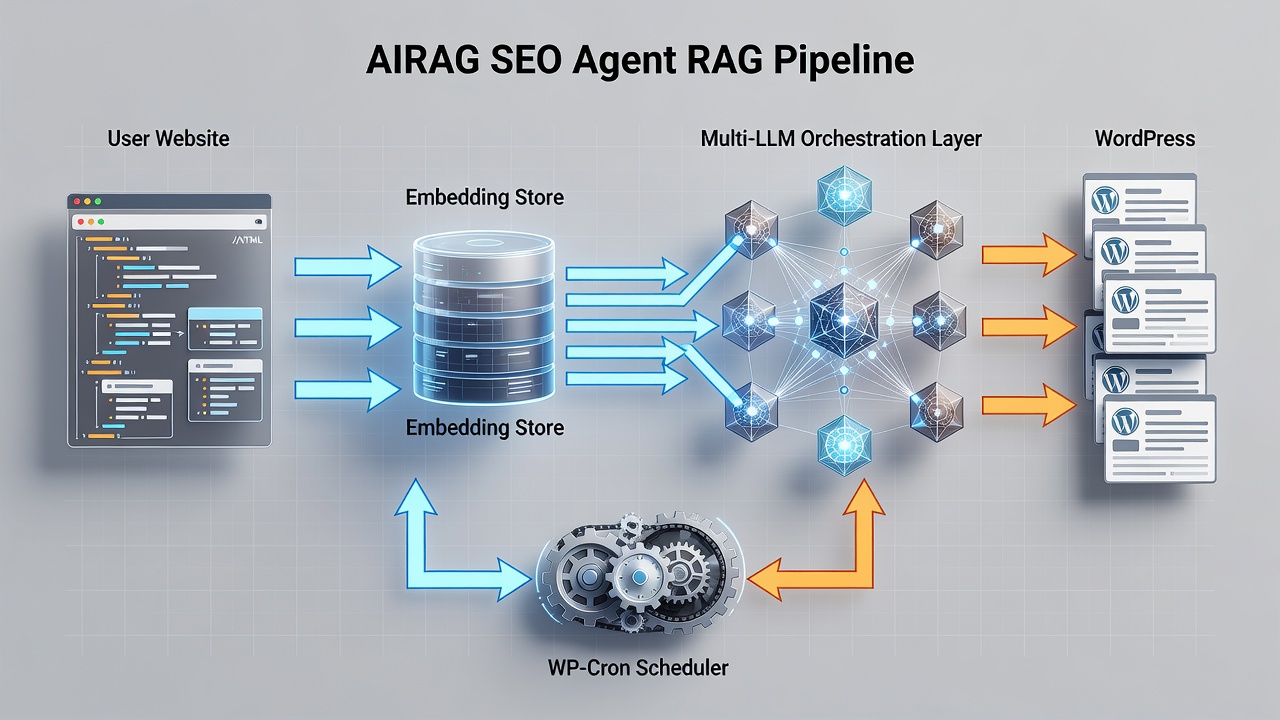 Technical diagram showing the AIRAG SEO Agent RAG pipeline: user site data flowing into embedding store, multi-LLM orchestration layer, and output to WordPress posts with WP-Cron scheduler