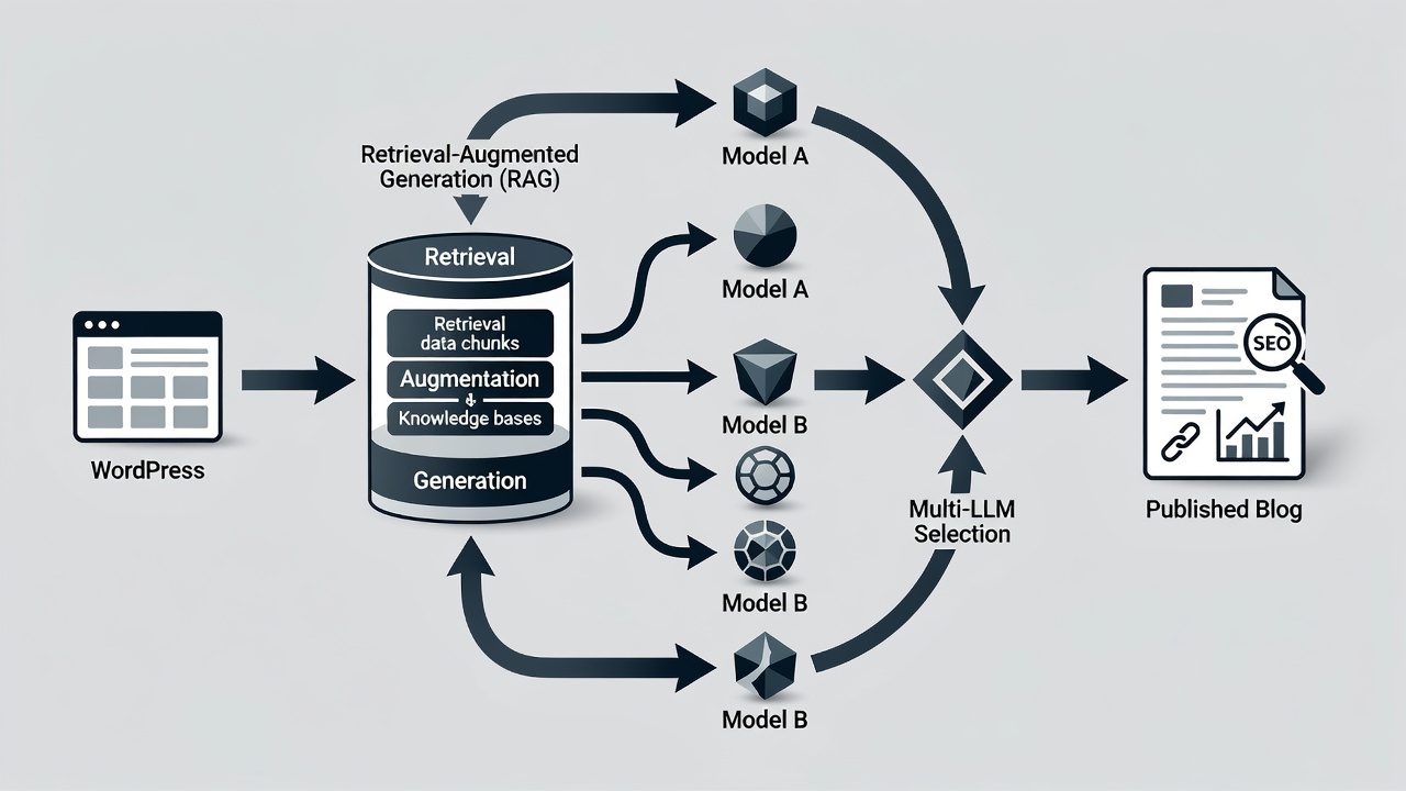 Clean technical diagram showing WordPress site data flowing into RAG pipeline then to multi-LLM selection and finally to published blog post with SEO elements highlighted