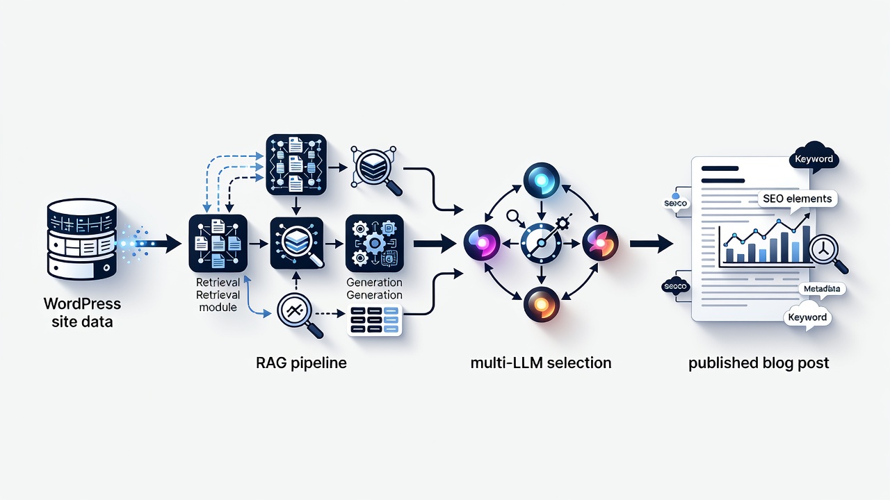 Clean technical diagram showing WordPress site data flowing into RAG pipeline then to multi-LLM selection and finally to published blog post with SEO elements highlighted