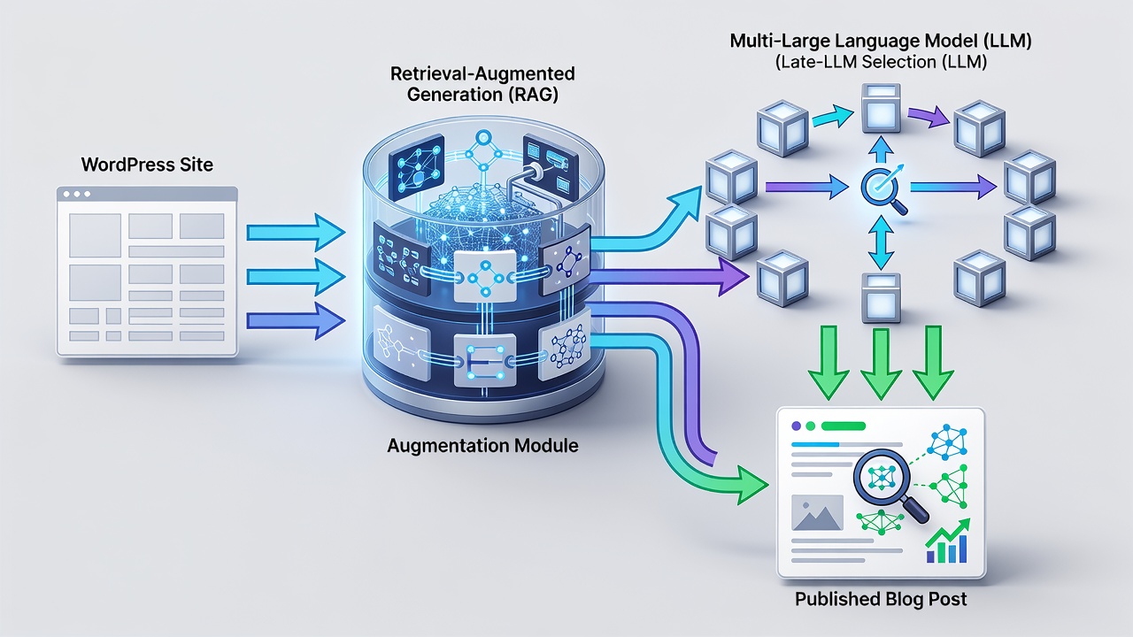 Clean technical diagram showing WordPress site data flowing into RAG pipeline then to multi-LLM selection and finally to published blog post with SEO elements highlighted