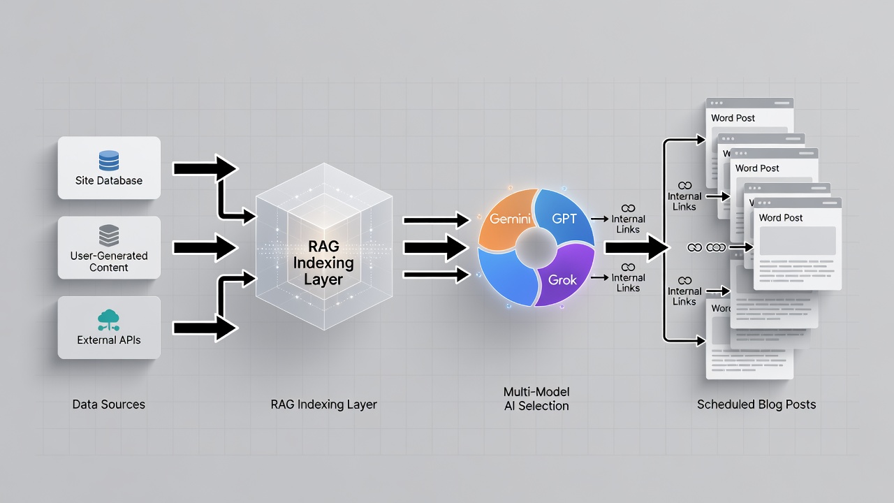 Clean technical diagram showing the wordpress rag content generator setup workflow: site data sources feeding into RAG indexing layer, then connecting to multi-model AI selection (Gemini, GPT, Grok), and finally outputting scheduled blog posts with internal links.