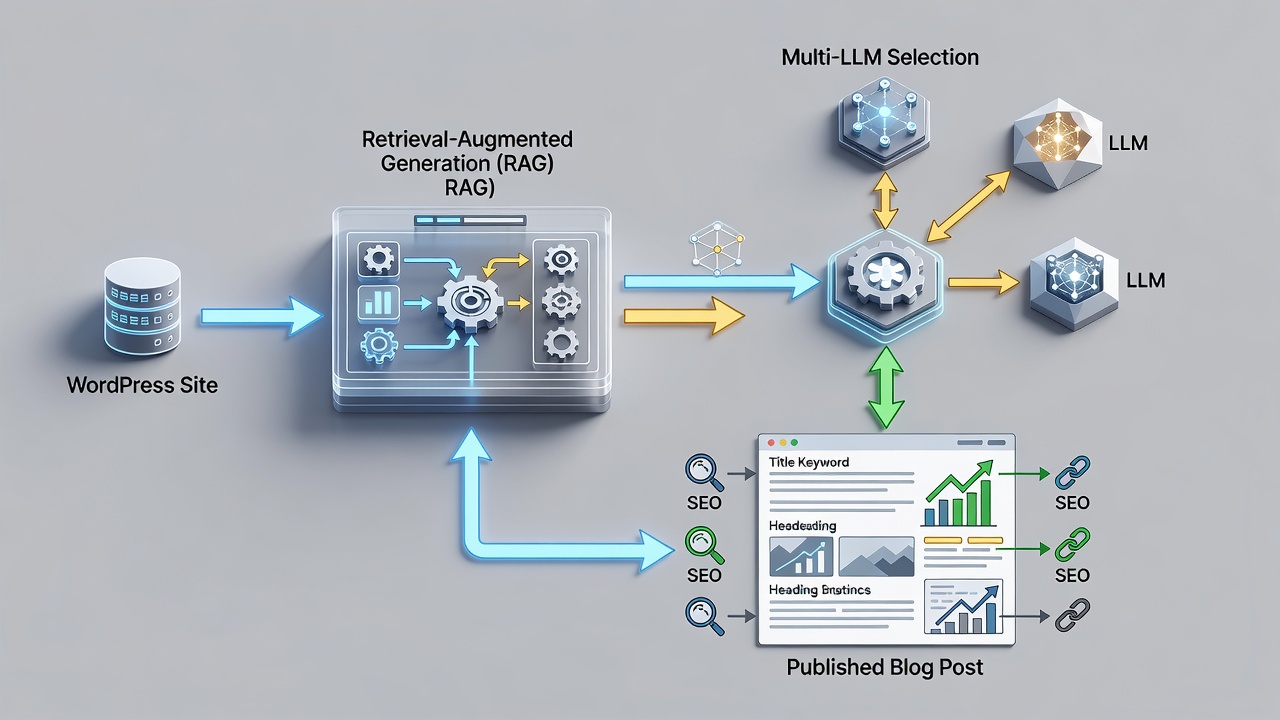 Clean technical diagram showing WordPress site data flowing into RAG pipeline then to multi-LLM selection and finally to published blog post with SEO elements highlighted