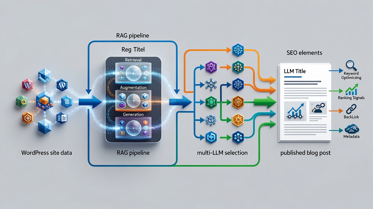 Clean technical diagram showing WordPress site data flowing into RAG pipeline then to multi-LLM selection and finally to published blog post with SEO elements highlighted