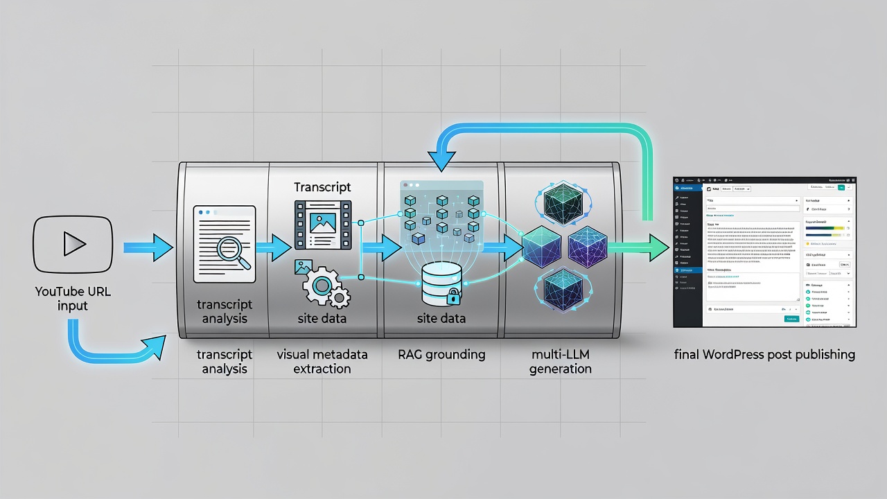 Technical workflow diagram showing YouTube URL input flowing into transcript analysis, visual metadata extraction, RAG grounding against site data, multi-LLM generation, and final WordPress post publishing with SEO structure.